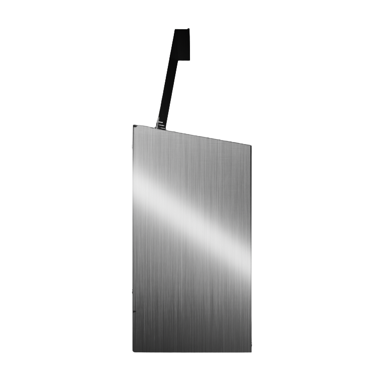 Bulk Dispenser, Quad, Stainless Steel, wall mount. divided with lid, top loading, top or bottom front dispensing. Empty, left side with lid open