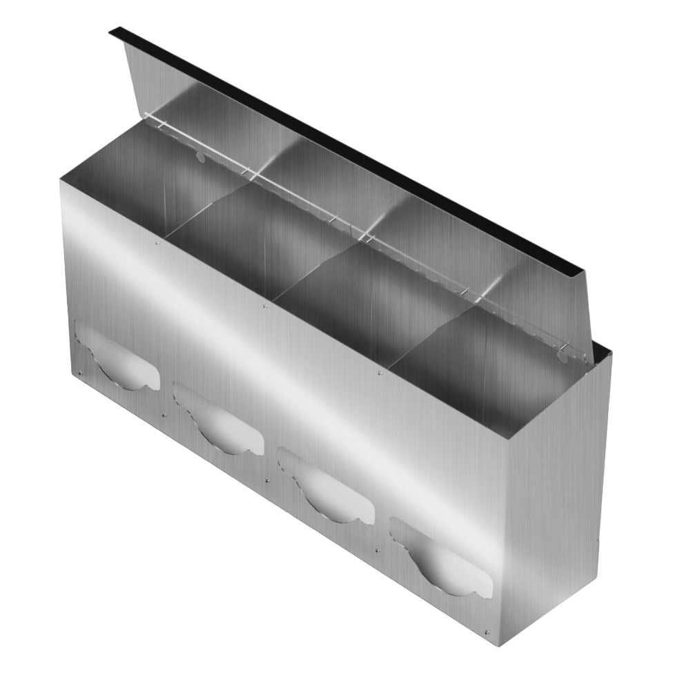 Bulk Dispenser, Quad, Stainless Steel, wall mount. divided with lid, top loading, top or bottom front dispensing. Empty, facing front slightly angled left with lid open to view dividers