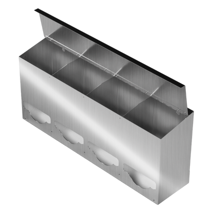 Bulk Dispenser, Quad, Stainless Steel, wall mount. divided with lid, top loading, top or bottom front dispensing. Empty, facing front slightly angled left with lid open to view dividers