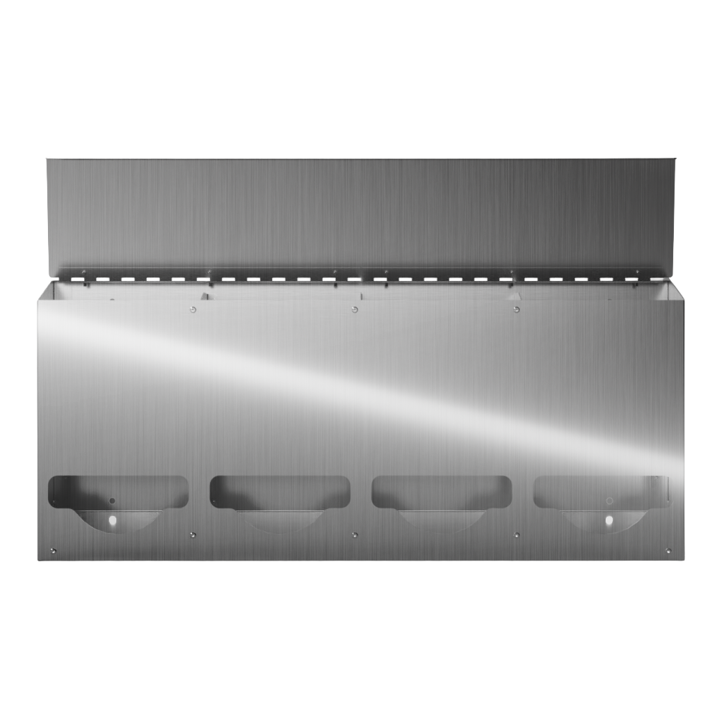 Bulk Dispenser, Quad, Stainless Steel, wall mount. divided with lid, top loading, top or bottom front dispensing. Empty, facing front with lid open