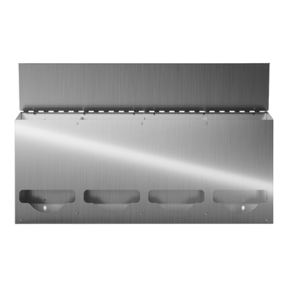 Bulk Dispenser, Quad, Stainless Steel, wall mount. divided with lid, top loading, top or bottom front dispensing. Empty, facing front with lid open