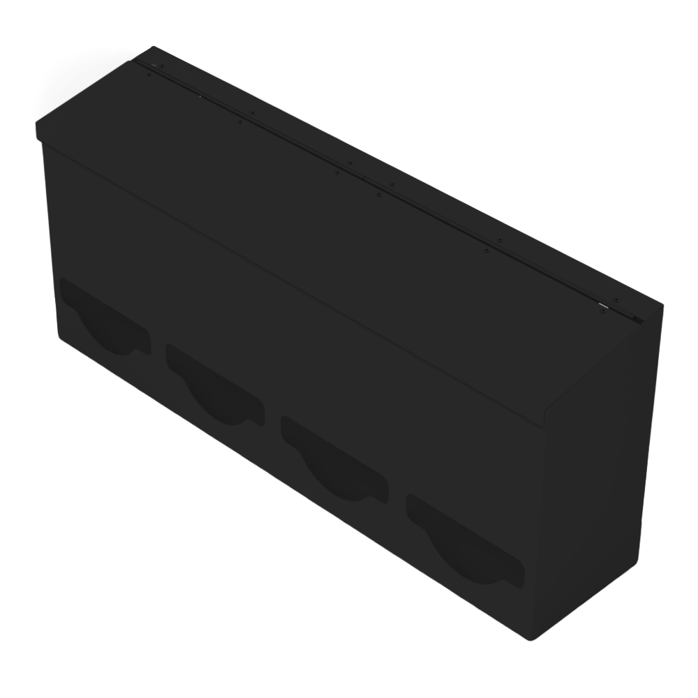Quad, Lidded, Bulk PPE dispenser-Black- Empty, front facing angled slightly left