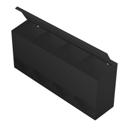 Quad, Lidded, Bulk PPE dispenser-Black- Empty, front facing angled slightly left, lid open
