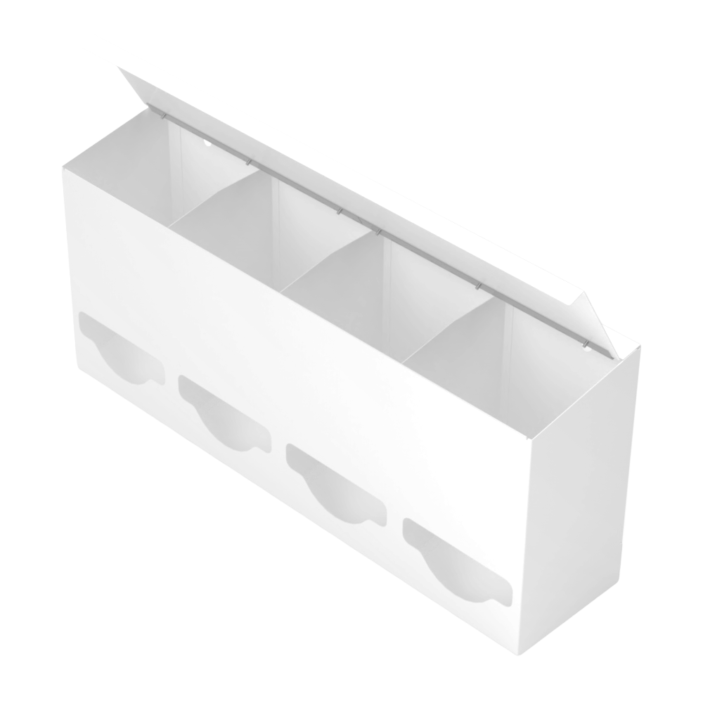 Quad, Lidded, Bulk PPE dispenser-White-Empty angled slightly left, lid open