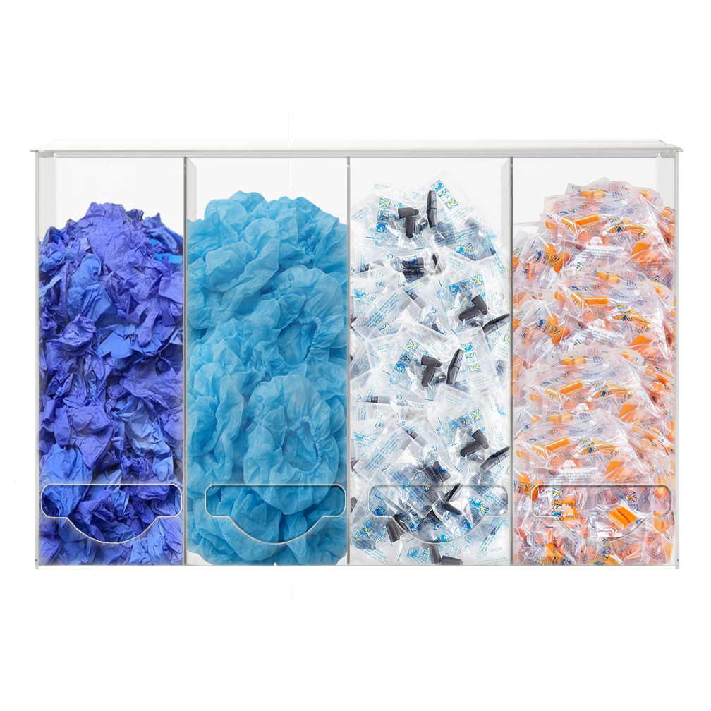 clear, PETG plastic, 4 compartment, bulk storage units with a lid on top for loading and front bottom holes for dispensing. Compartments are filled with blue bouffant caps, blue gloves, orange earplugs and black earplugs.