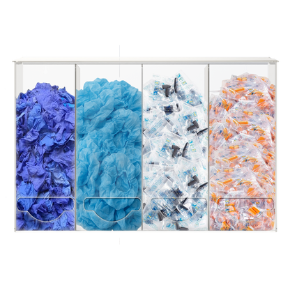 clear, PETG plastic, 4 compartment, bulk storage units with a lid on top for loading and front bottom holes for dispensing. Compartments are filled with blue bouffant caps, blue gloves, orange earplugs and black earplugs.