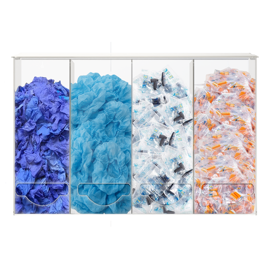 clear, PETG plastic, 4 compartment, bulk storage units with a lid on top for loading and front bottom holes for dispensing. Compartments are filled with blue bouffant caps, blue gloves, orange earplugs and black earplugs.