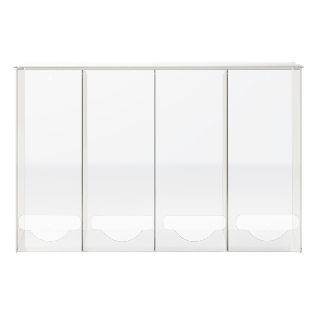 clear, PETG plastic, 4 compartment, bulk storage units with a lid on top for loading and front bottom holes for dispensing. unit is empty