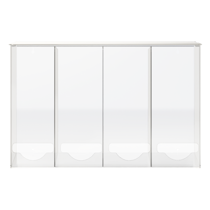 clear, PETG plastic, 4 compartment, bulk storage units with a lid on top for loading and front bottom holes for dispensing. unit is empty