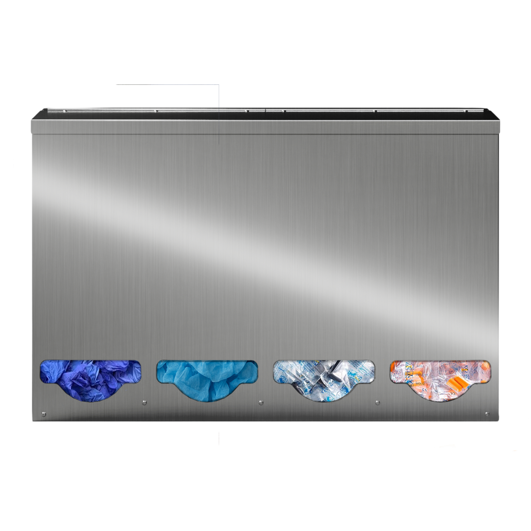 Bulk Dispenser, Tall Quad, Stainless Steel, wall mount. 4 compartments, top loading, top or bottom front dispensing. Filled left to right with gloves, bouffants, black earplug packets, and orange earplug packets. Front facing