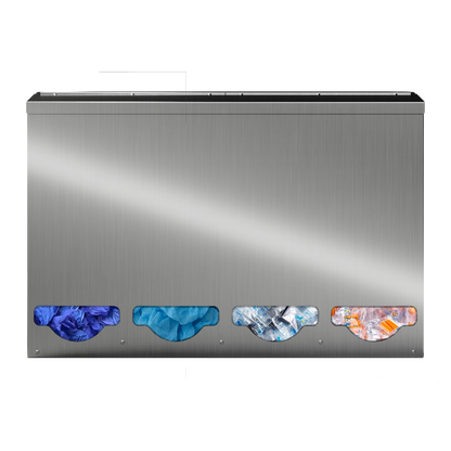 Bulk Dispenser, Tall Quad, Stainless Steel, wall mount. 4 compartments, top loading, top or bottom front dispensing. Filled left to right with gloves, bouffants, black earplug packets, and orange earplug packets. Front facing