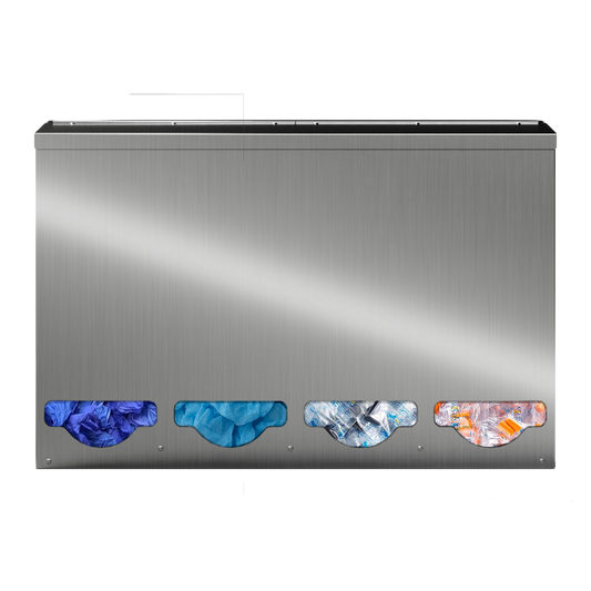 Bulk Dispenser, Tall Quad, Stainless Steel, wall mount. 4 compartments, top loading, top or bottom front dispensing. Filled left to right with gloves, bouffants, black earplug packets, and orange earplug packets. Front facing