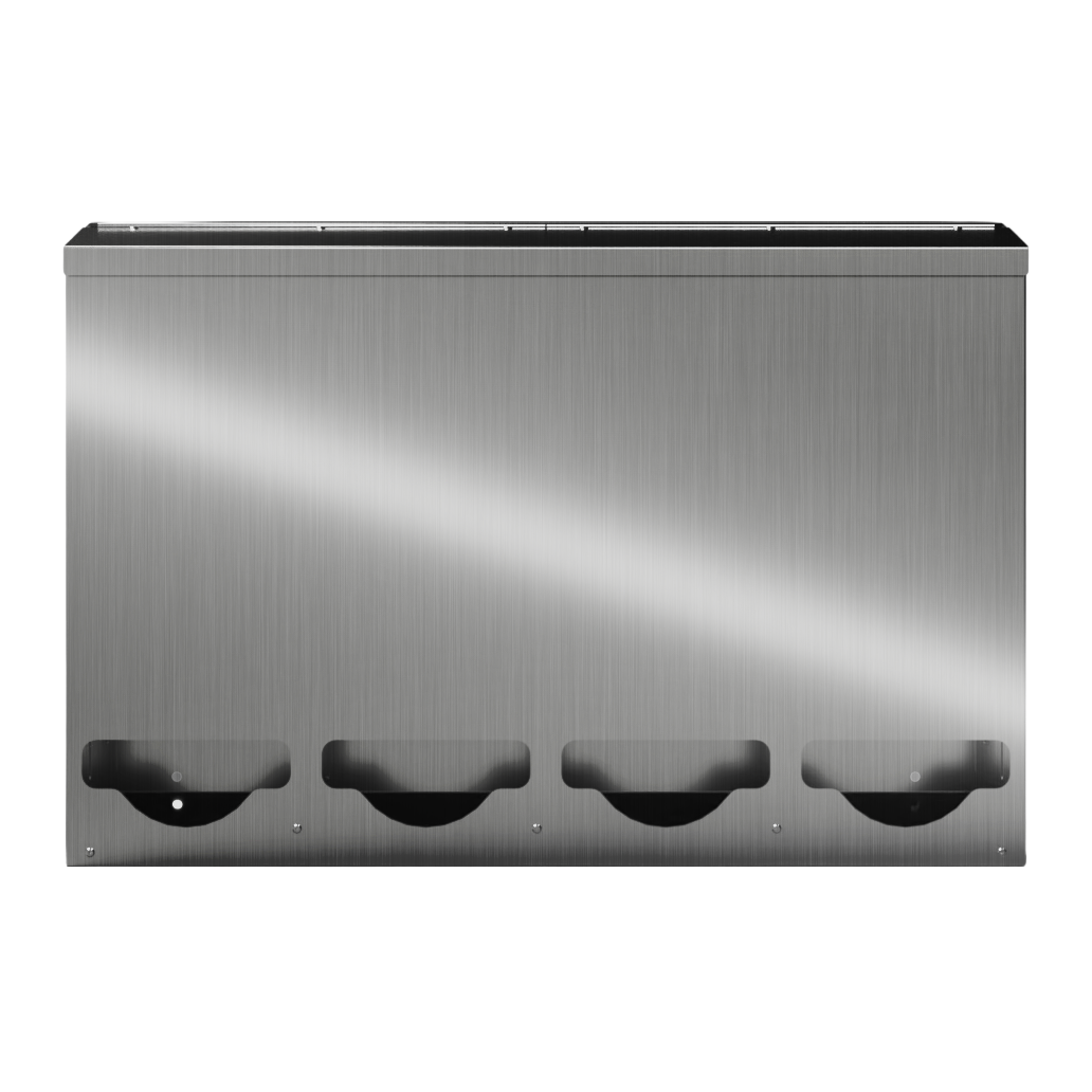 Bulk Dispenser, Tall Quad, Stainless Steel, wall mount. 4 compartments, top loading, top or bottom front dispensing. Empty facing front