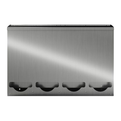 Bulk Dispenser, Tall Quad, Stainless Steel, wall mount. 4 compartments, top loading, top or bottom front dispensing. Empty facing front