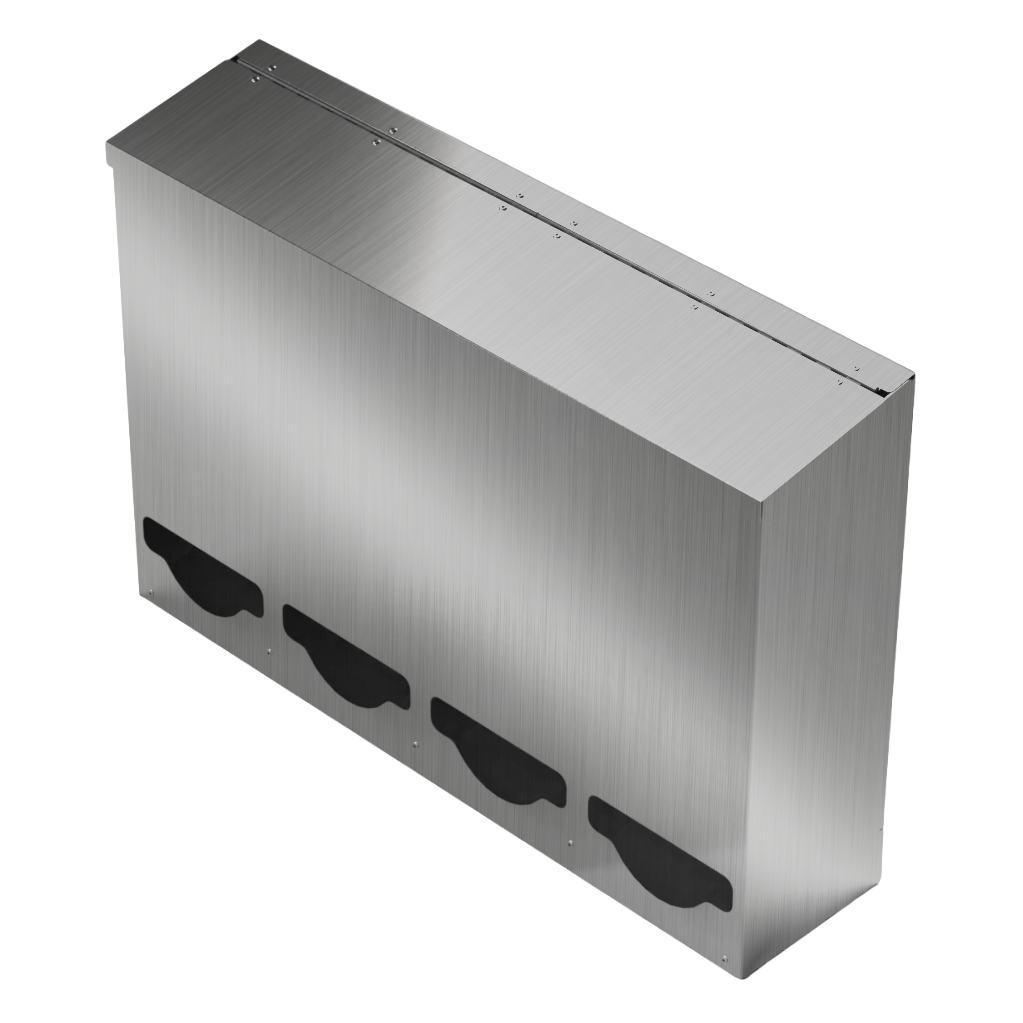 Bulk Dispenser, Tall Quad, Stainless Steel, wall mount. 4 compartments, top loading, top or bottom front dispensing. Empty, facing front slightly angled left