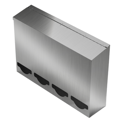 Bulk Dispenser, Tall Quad, Stainless Steel, wall mount. 4 compartments, top loading, top or bottom front dispensing. Empty, facing front slightly angled left