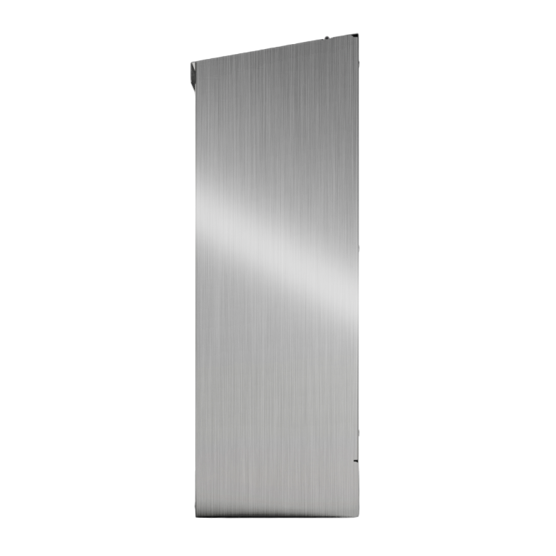 Bulk Dispenser, Tall Quad, Stainless Steel, wall mount. 4 compartments, top loading, top or bottom front dispensing. Empty right side