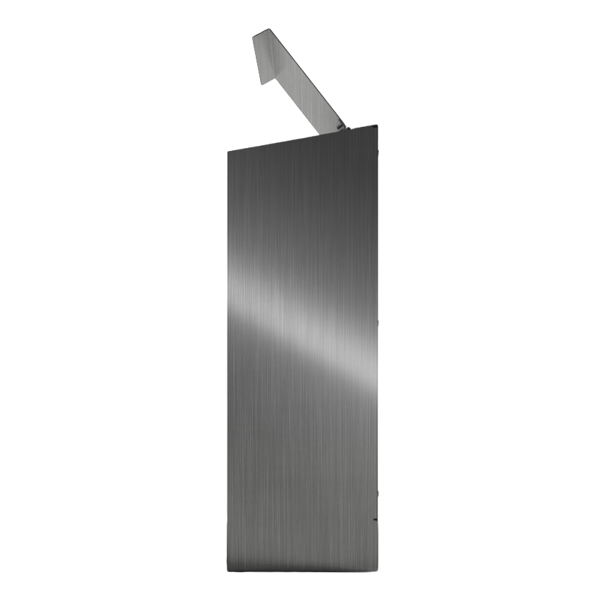 Bulk Dispenser, Tall Quad, Stainless Steel, wall mount. 4 compartments, top loading, top or bottom front dispensing. Empty right side with lid open