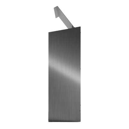 Bulk Dispenser, Tall Quad, Stainless Steel, wall mount. 4 compartments, top loading, top or bottom front dispensing. Empty right side with lid open