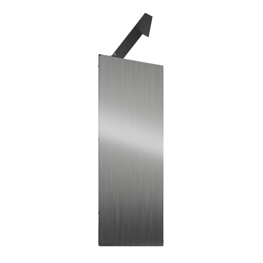 Bulk Dispenser, Tall Quad, Stainless Steel, wall mount. 4 compartments, top loading, top or bottom front dispensing. Empty left side with lid open