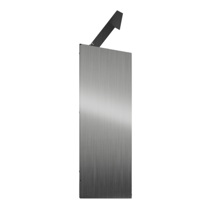 Bulk Dispenser, Tall Quad, Stainless Steel, wall mount. 4 compartments, top loading, top or bottom front dispensing. Empty left side with lid open