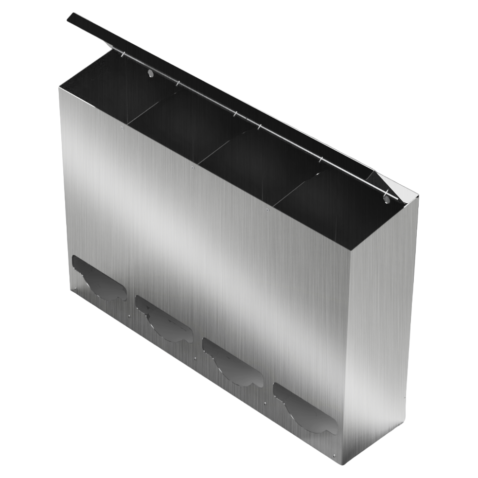 Bulk Dispenser, Tall Quad, Stainless Steel, wall mount. 4 compartments, top loading, top or bottom front dispensing. Empty with lid open, front facing slightly angled left to view dividers inside