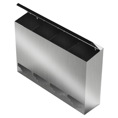 Bulk Dispenser, Tall Quad, Stainless Steel, wall mount. 4 compartments, top loading, top or bottom front dispensing. Empty with lid open, front facing slightly angled left to view dividers inside