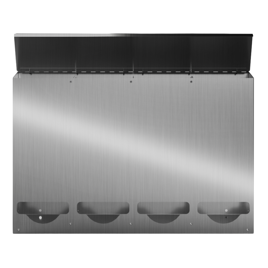 Bulk Dispenser, Tall Quad, Stainless Steel, wall mount. 4 compartments, top loading, top or bottom front dispensing. Empty, front facing with lid open