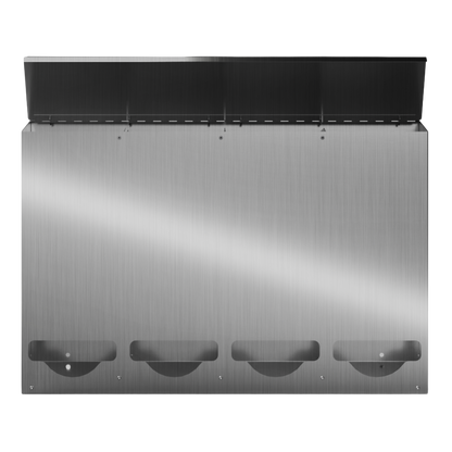 Bulk Dispenser, Tall Quad, Stainless Steel, wall mount. 4 compartments, top loading, top or bottom front dispensing. Empty, front facing with lid open