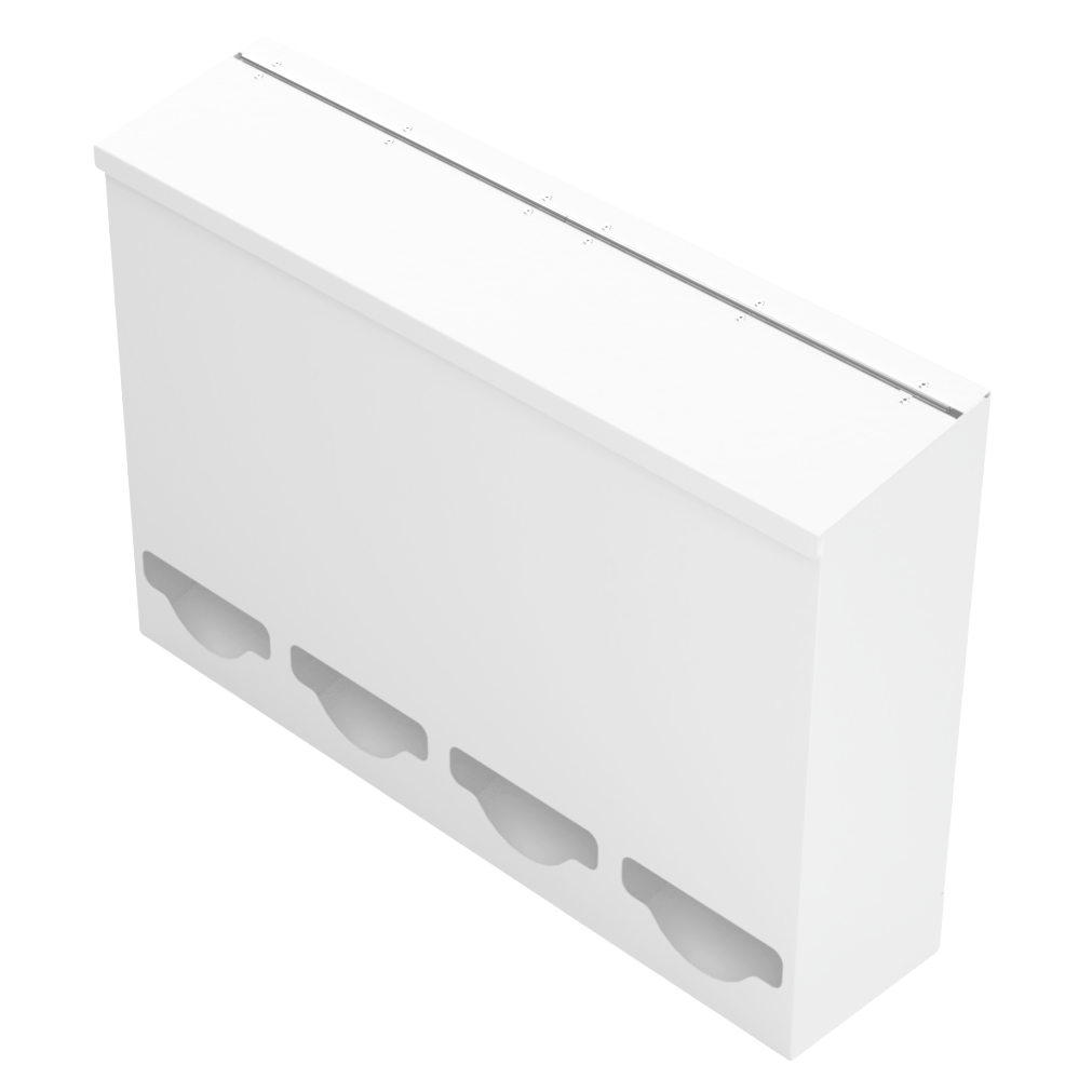 Quad, Lidded, Bulk PPE dispenser-White-empty, angled slightly left view