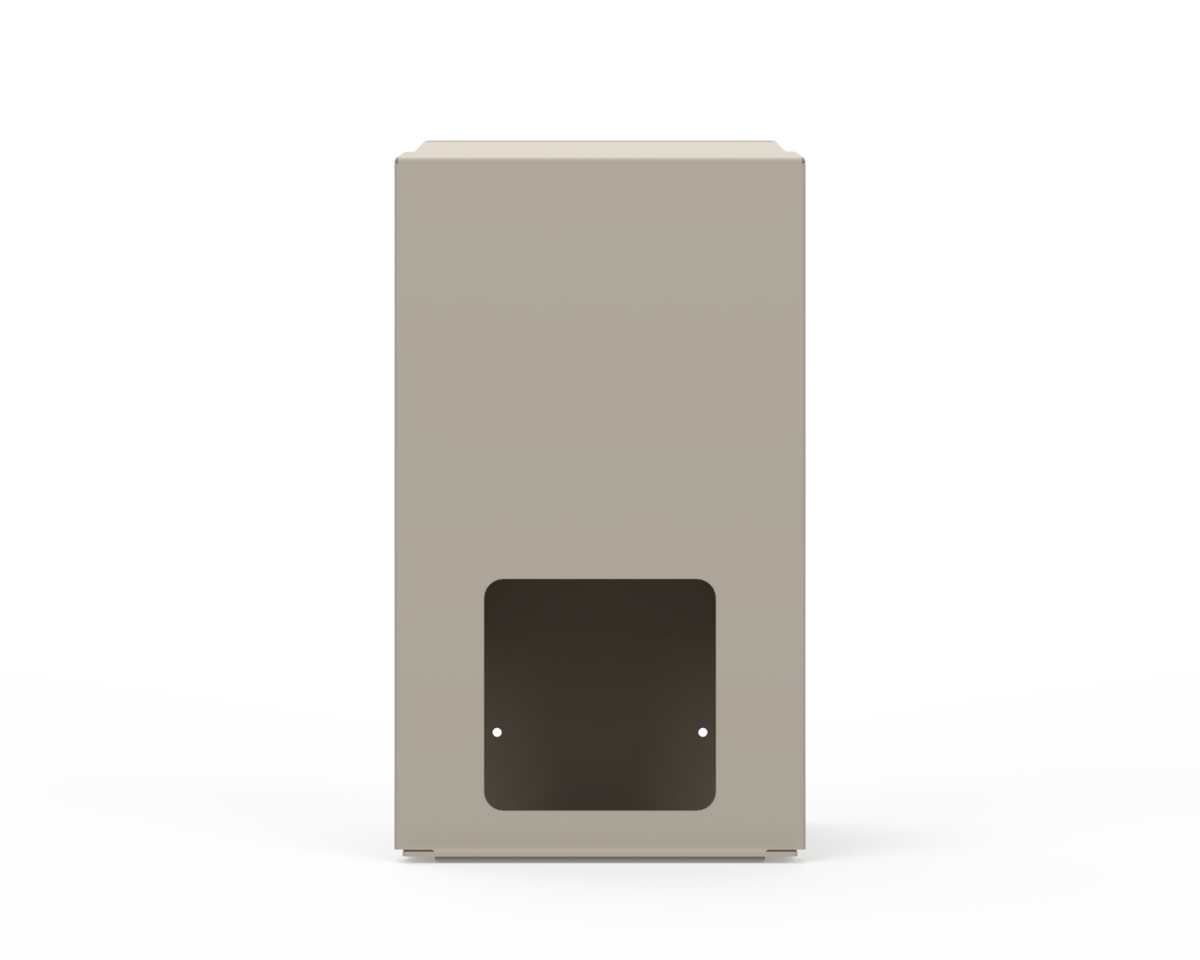 Extra Large, Beige Lidded Bulk Dispenser with cut out for dispensing masks items. Front Facing