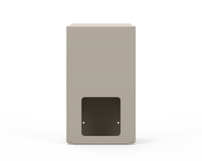 Extra Large, Beige Lidded Bulk Dispenser with cut out for dispensing masks items. Front Facing