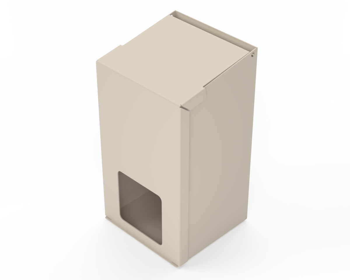 Extra Large, Beige Lidded Bulk Dispenser with cut out for dispensing masks items. Front Facing angled left