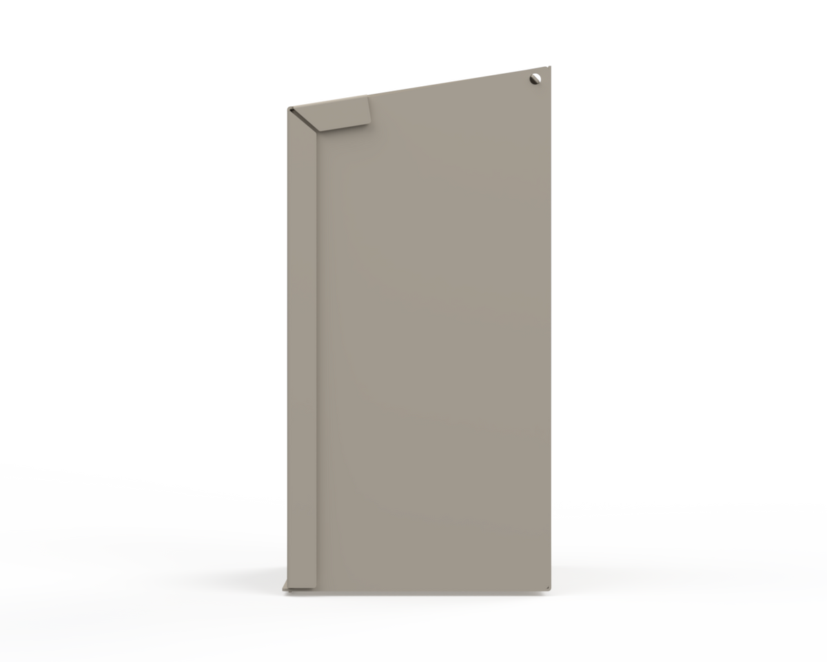 Extra Large, Beige Lidded Bulk Dispenser with cut out for dispensing masks items. Side view