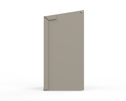 Extra Large, Beige Lidded Bulk Dispenser with cut out for dispensing masks items. Side view