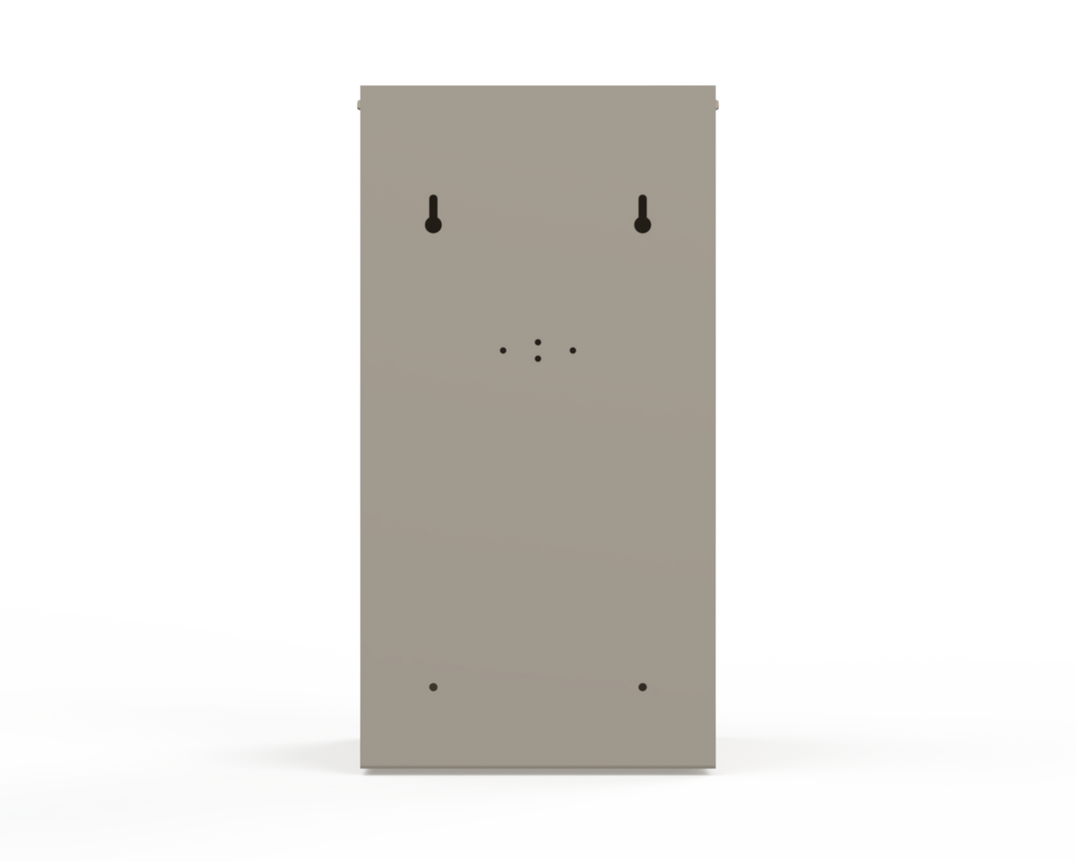 Extra Large, Beige Lidded Bulk Dispenser. Back View. Holes for wall or bracket/rail mounting.