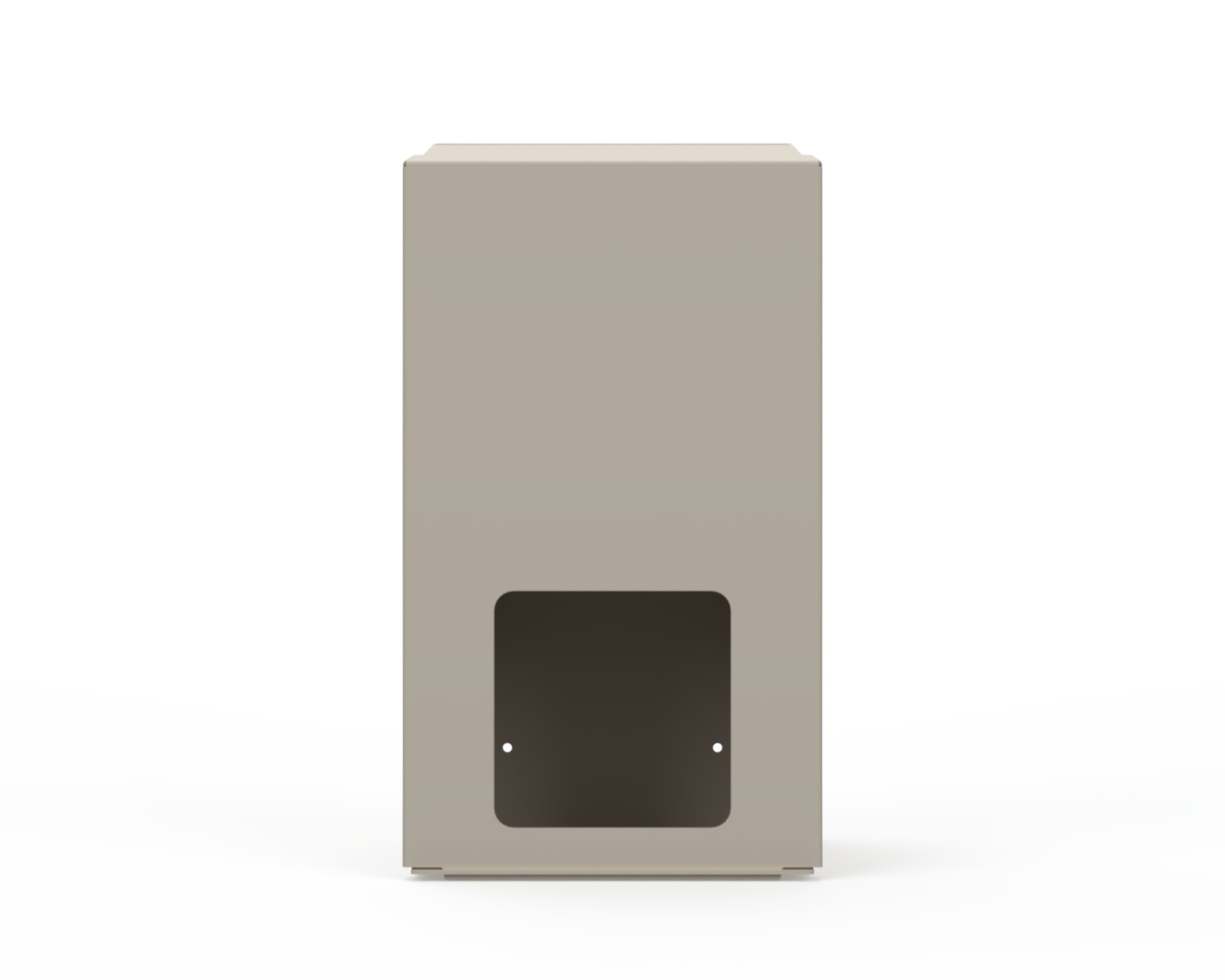 Extra Large, Beige Lidded Bulk Dispenser with cut out for dispensing masks items. Front Facing