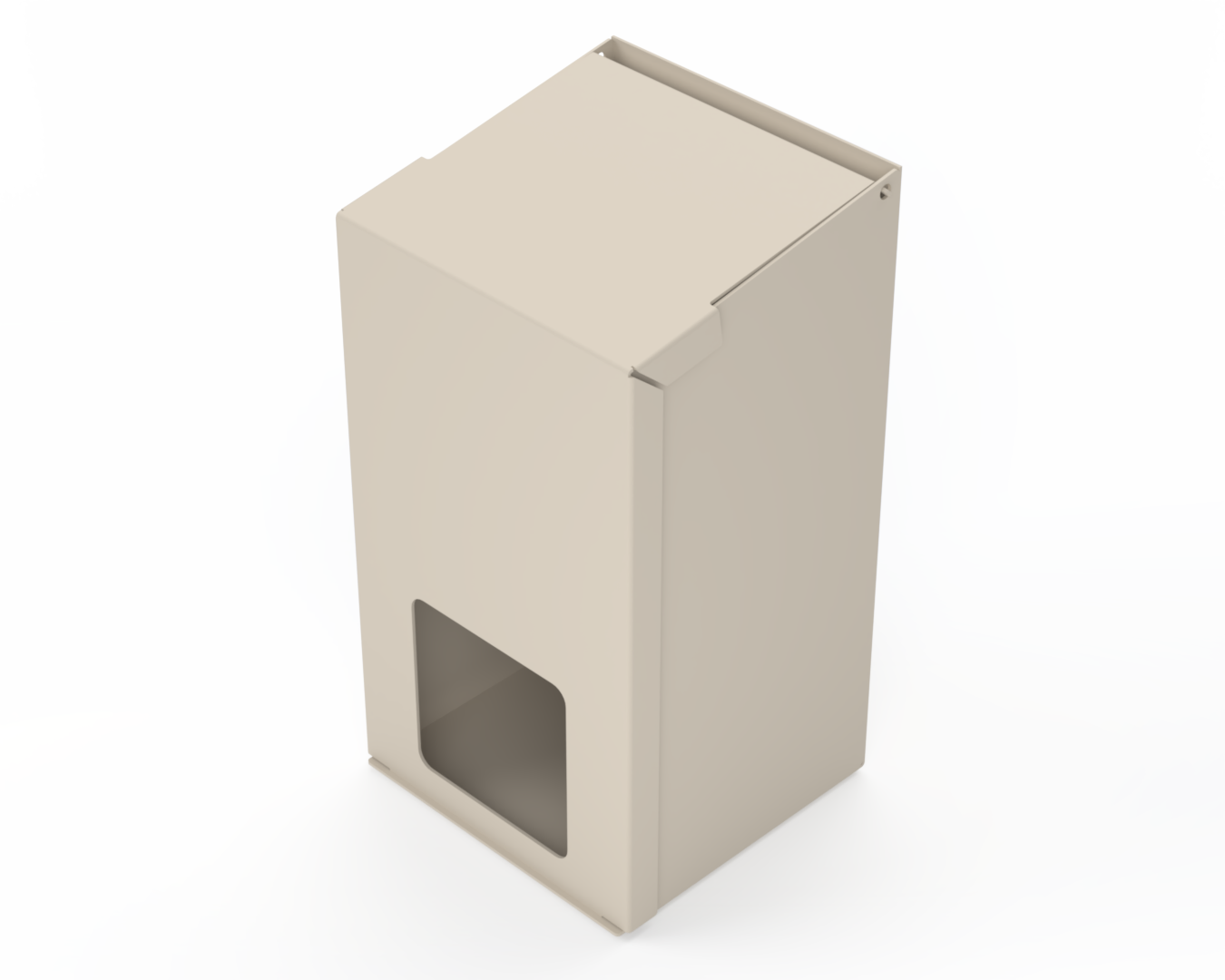 Extra Large, Beige Lidded Bulk Dispenser with cut out for dispensing masks items. Front Facing angled left