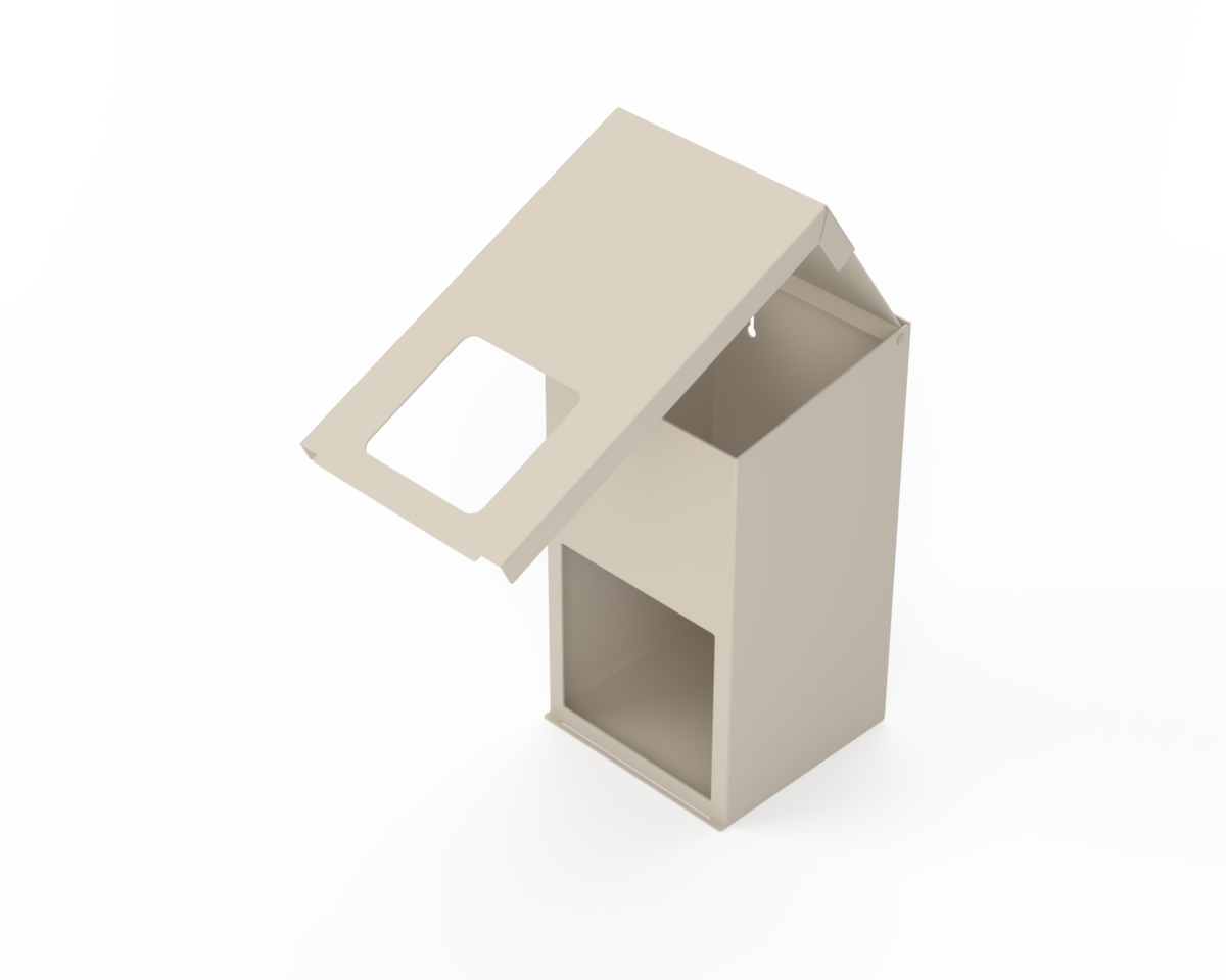 Extra Large, Beige, Lidded Bulk Dispenser with cut out for dispensing bulk items. Front Facing slightly left angled with partially open door showing the larger square opening behind the door.