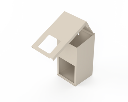 Extra Large, Beige, Lidded Bulk Dispenser with cut out for dispensing bulk items. Front Facing slightly left angled with partially open door showing the larger square opening behind the door.