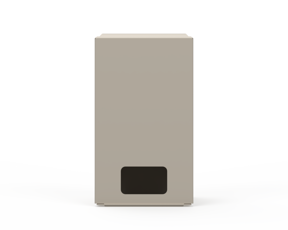 Extra Large, Beige Lidded Bulk Dispenser with cut out for dispensing masks items. Front Facing