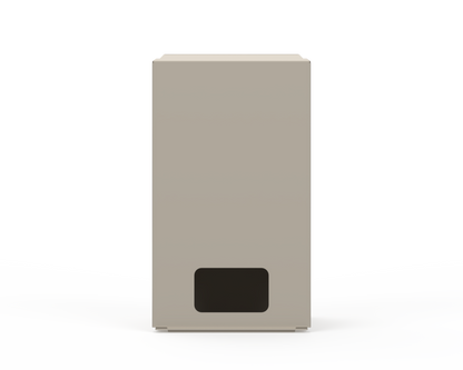 Extra Large, Beige Lidded Bulk Dispenser with cut out for dispensing masks items. Front Facing