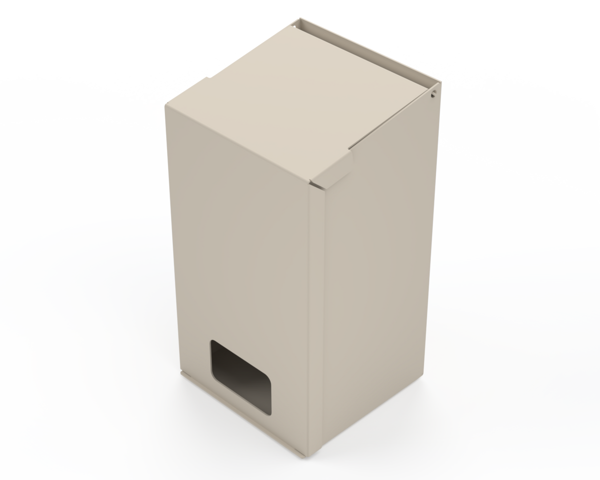 Extra Large, Beige Lidded Bulk Dispenser with cut out for dispensing masks items. Front Facing angled left