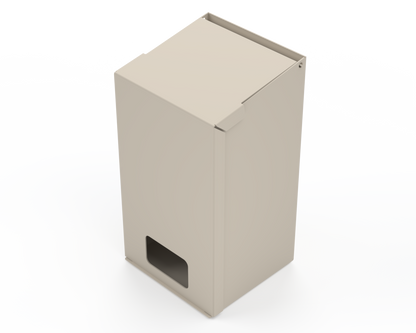 Extra Large, Beige Lidded Bulk Dispenser with cut out for dispensing masks items. Front Facing angled left