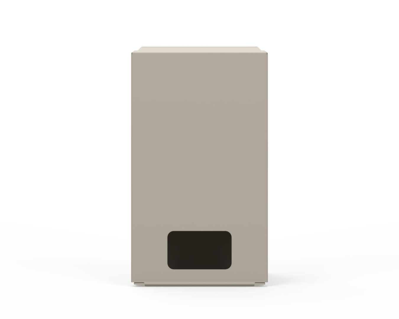 Extra Large, Beige Lidded Bulk Dispenser with cut out for dispensing masks items. Front Facing