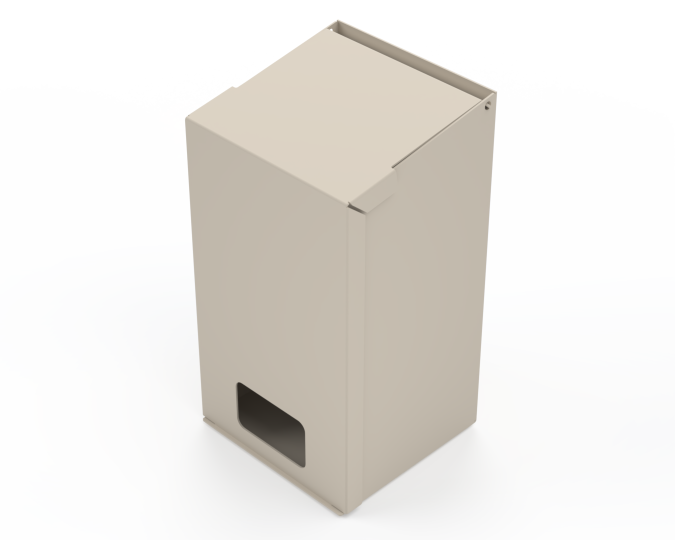 Extra Large, Beige Lidded Bulk Dispenser with cut out for dispensing masks items. Front Facing angled left