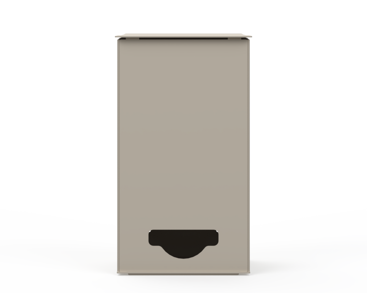 Extra Large, Beige Lidded Bulk Dispenser with cut out for dispensing bulk items. Front Facing