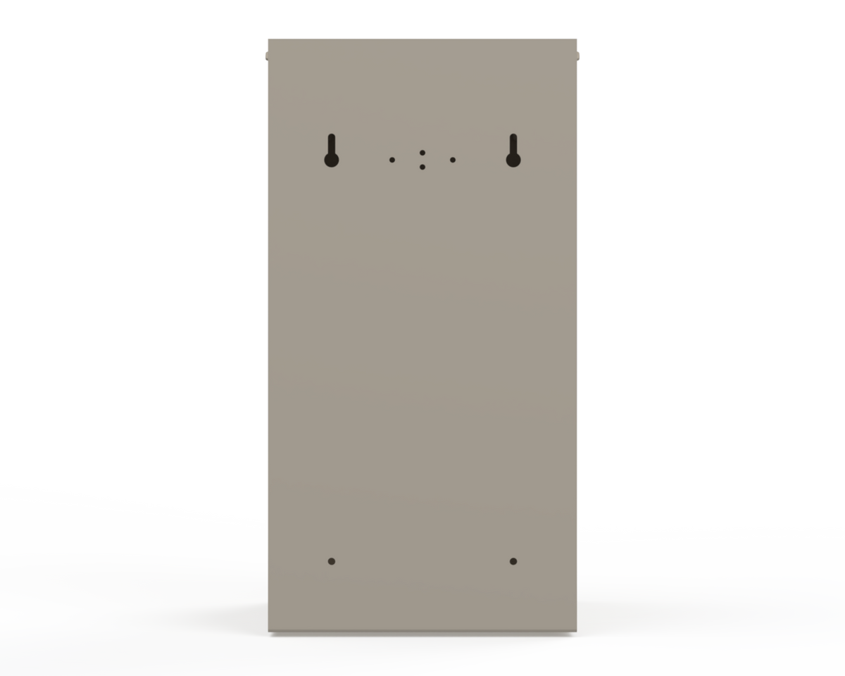 Extra Large, Beige Lidded Bulk Dispenser with cut out for dispensing bulk items. Back with Mounting holes for wall or bracket systems for rail.