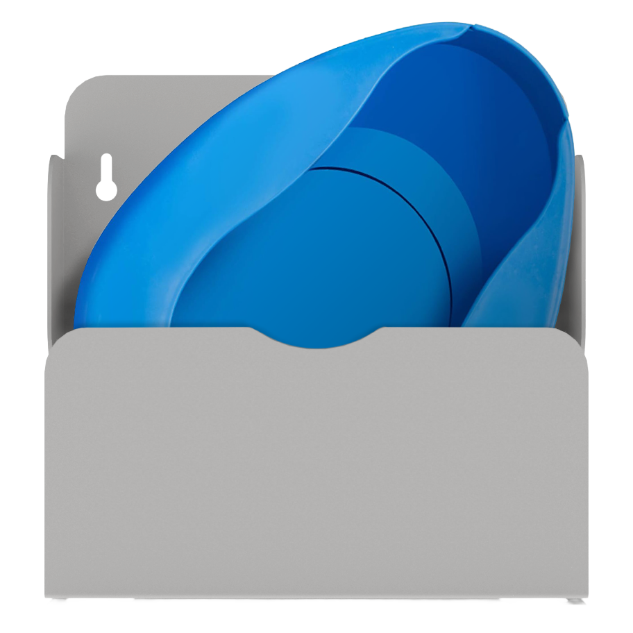 Bed Pan holder, Beige ABS Plastic, Single, Wall mount. Front view, holding one blue bedpan.