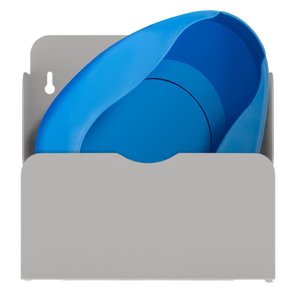 Bed Pan holder, Beige ABS Plastic, Single, Wall mount. Front view, holding one blue bedpan.